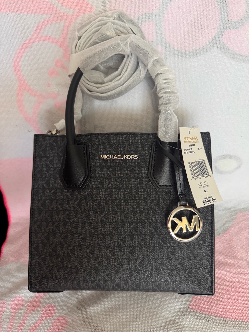 NEW Michael Kors Black MK Signature Small Satchel with Gold Charm